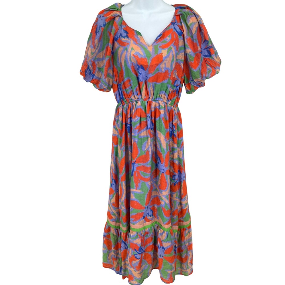 Umgee Floral Midi Dress Womens Sz S Multicolor Cotton Boho Puff Sleeve Whimsical
